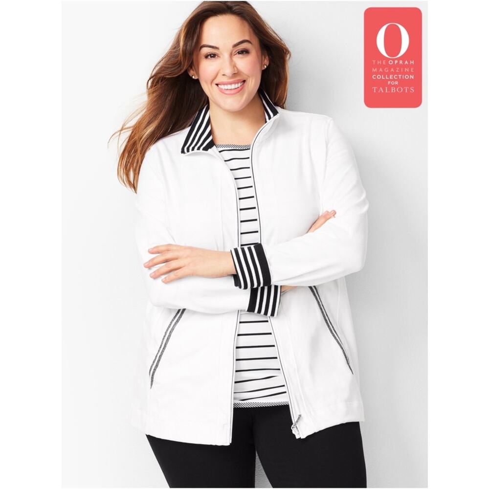 Talbots Coastal Chic White Zip Jacket Striped Trim Athleisure Preppy Minimal